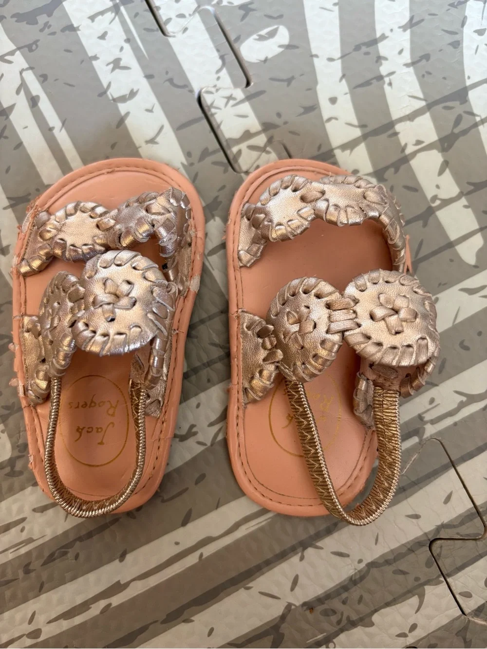 Jack Rogers Pink Toddler Sandals with Metallic Gold Flower Medallions